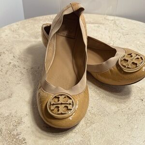 Tory Burch Tan Ballet Flats with Gold Tone Logo